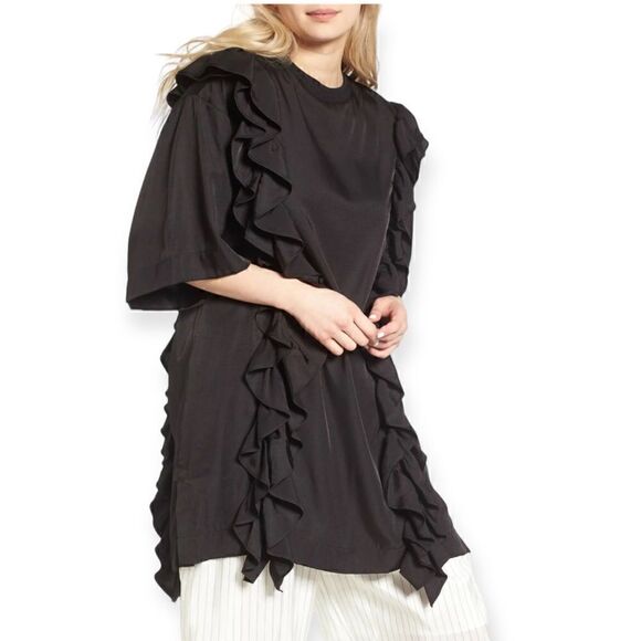 J KOO Black Ruffle Elongated Tee T-Shirt Top Mini Dress K-POP Designer Runway XS - Picture 4 of 16